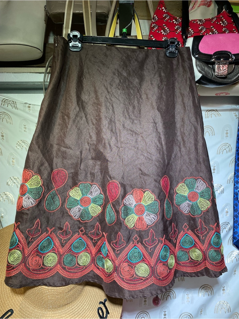 Anne Carson Brown A-Line Skirt with Multicolor Floral Embroidery